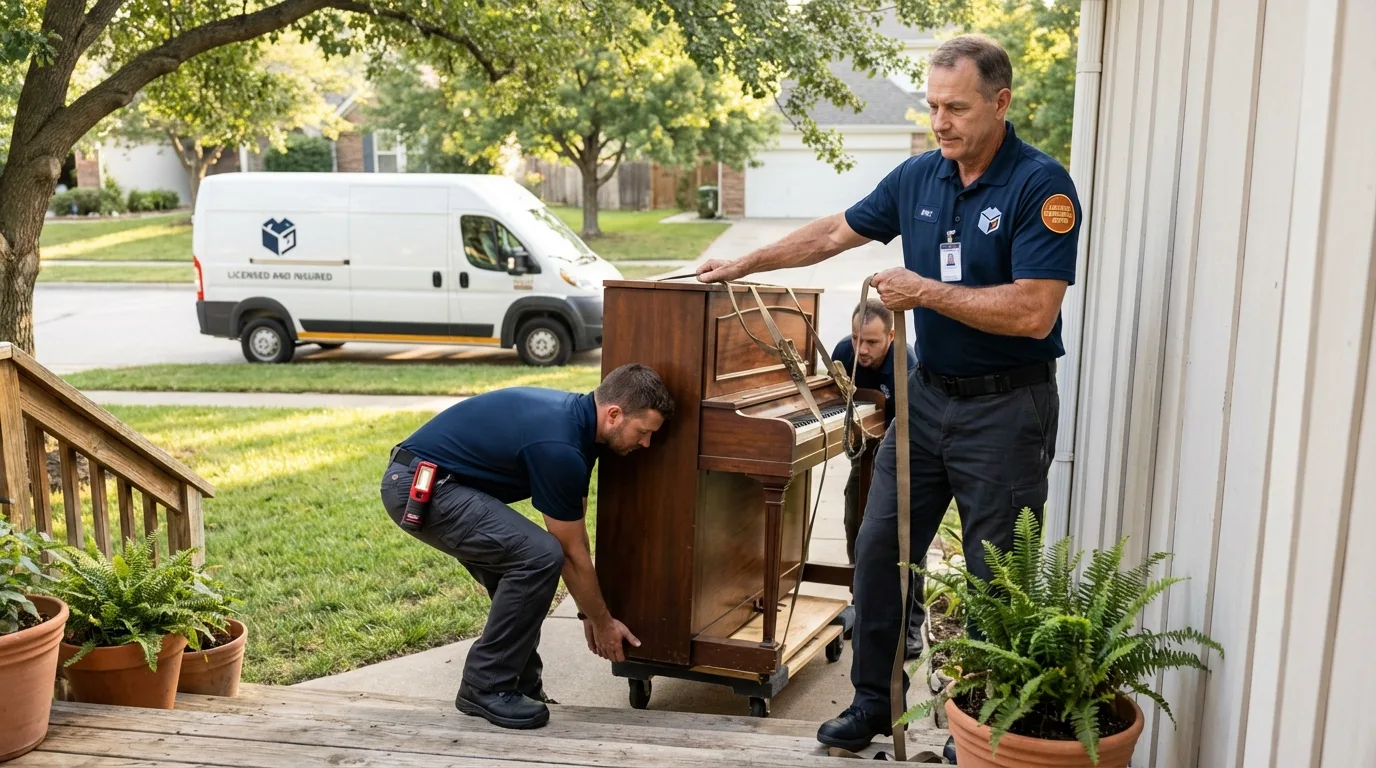 Licensed piano movers securing grand piano in Germantown, OH