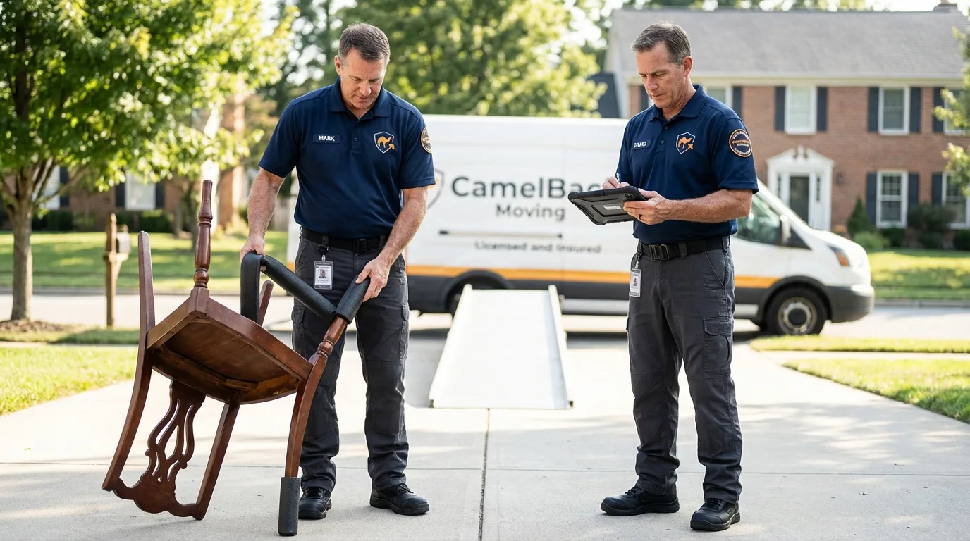 Movers inspecting furniture for damage prevention before loading in Germantown, OH