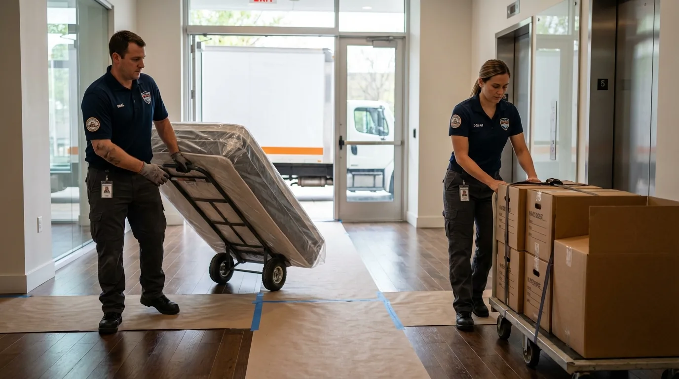 Professional apartment movers loading elevator in Germantown, OH