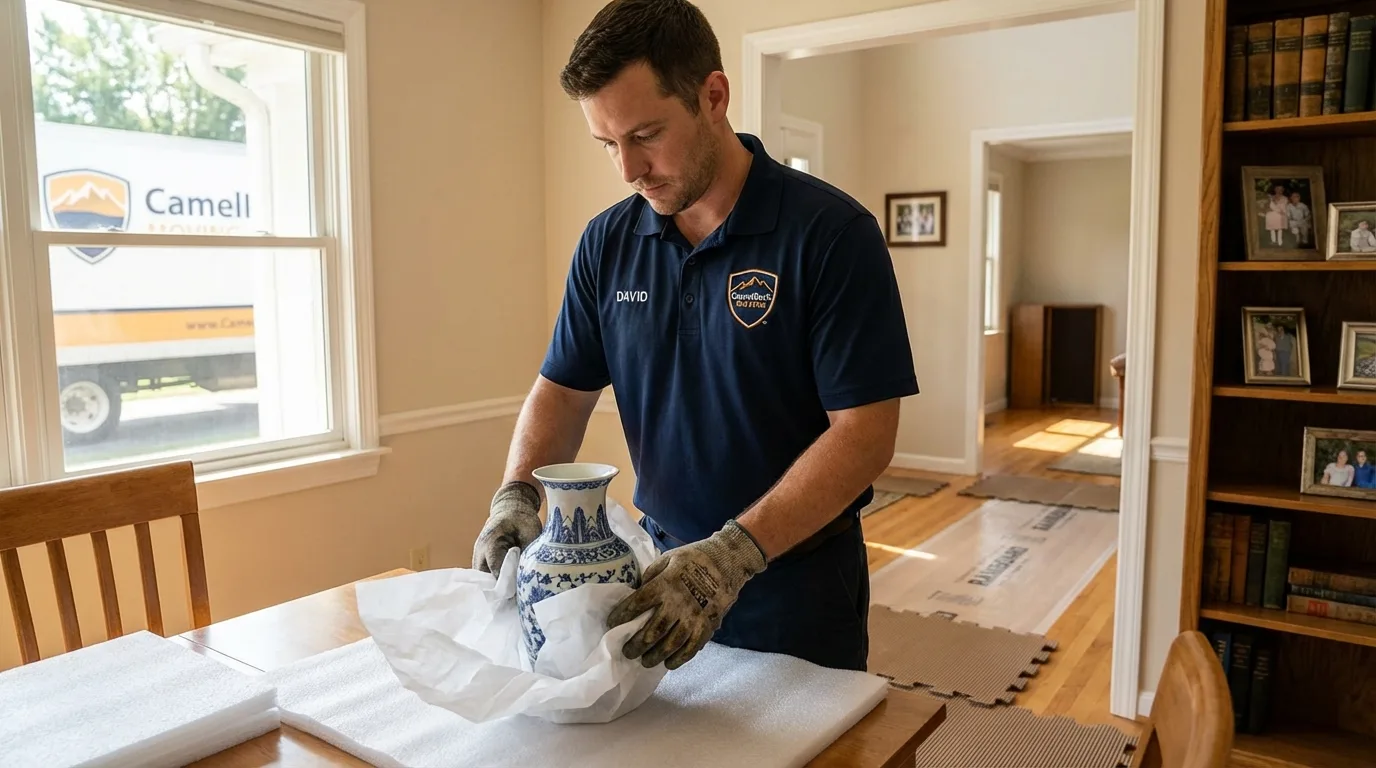 Professional crew carefully wrapping antique vase for senior downsizing move in Germantown, OH